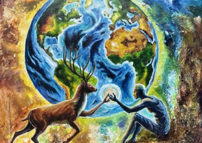 Schilderij met aarde, mens en hert in verbinding