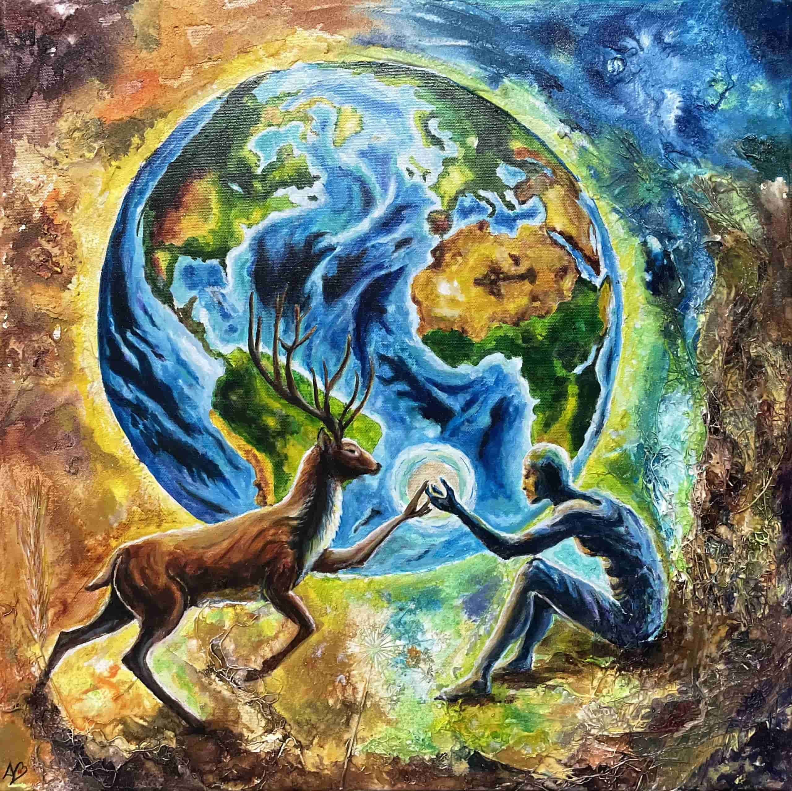 Schilderij met aarde, mens en hert in verbinding